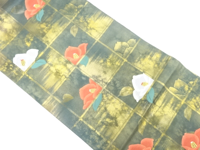 引箔格子に椿模様織出し名古屋帯